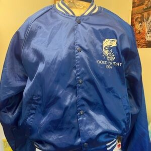 Hartwell Blue Vintage Satin Bomber Jacket Embroidered Fish Good Friday 1994